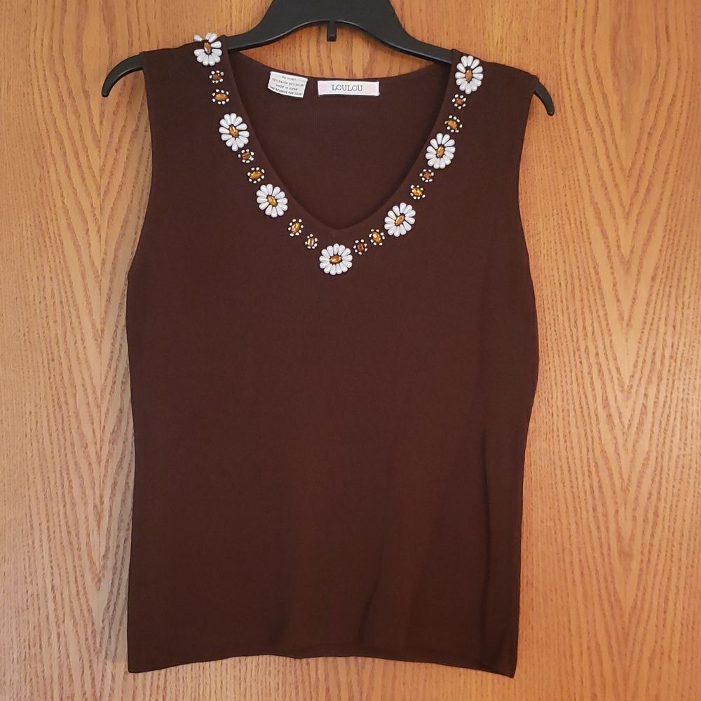 Vintage LouLou Stretchy Knit Vest with Beaded Floral Embellishments Sz S